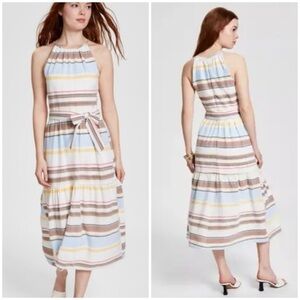 Dkny Tan and Blue Halter Maxi Sundress lined, 100 cotton SZ 12